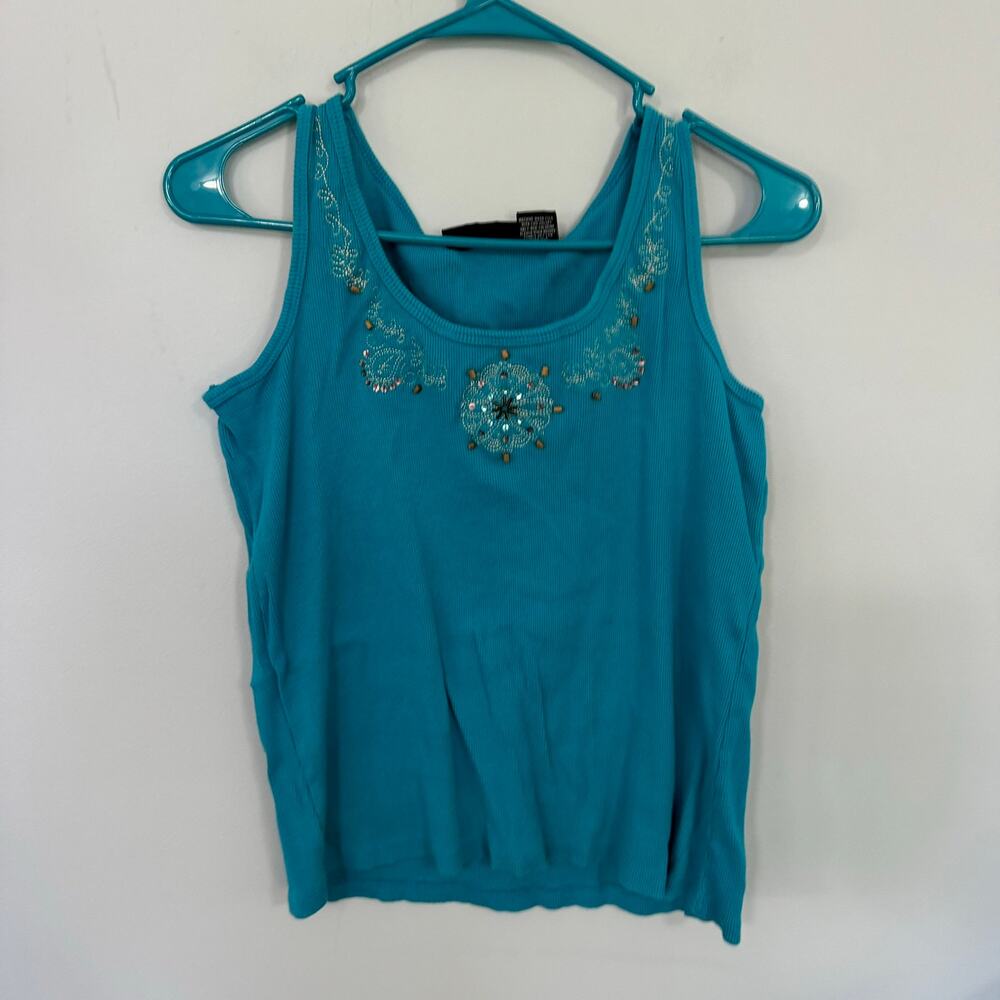 Relativity Green Blue Embroidered Beaded Neckline Tank Top Size Large Sleeveless